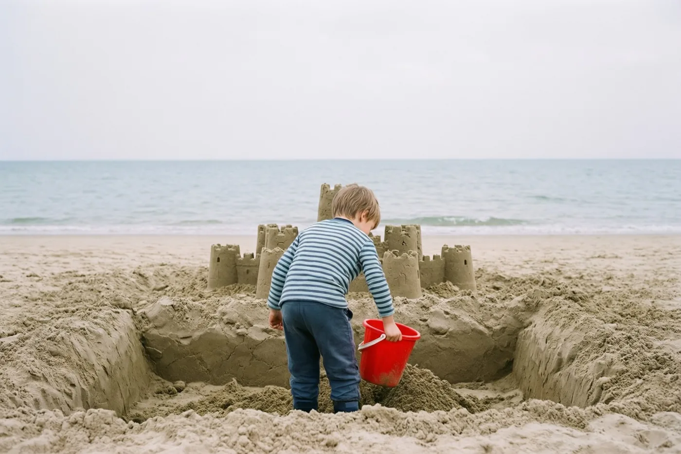 Een jong kind graaft van achteren gezien met een rode emmer een gracht rond een zandkasteel op het strand, met de zee onder een bewolkte lucht op de achtergrond.