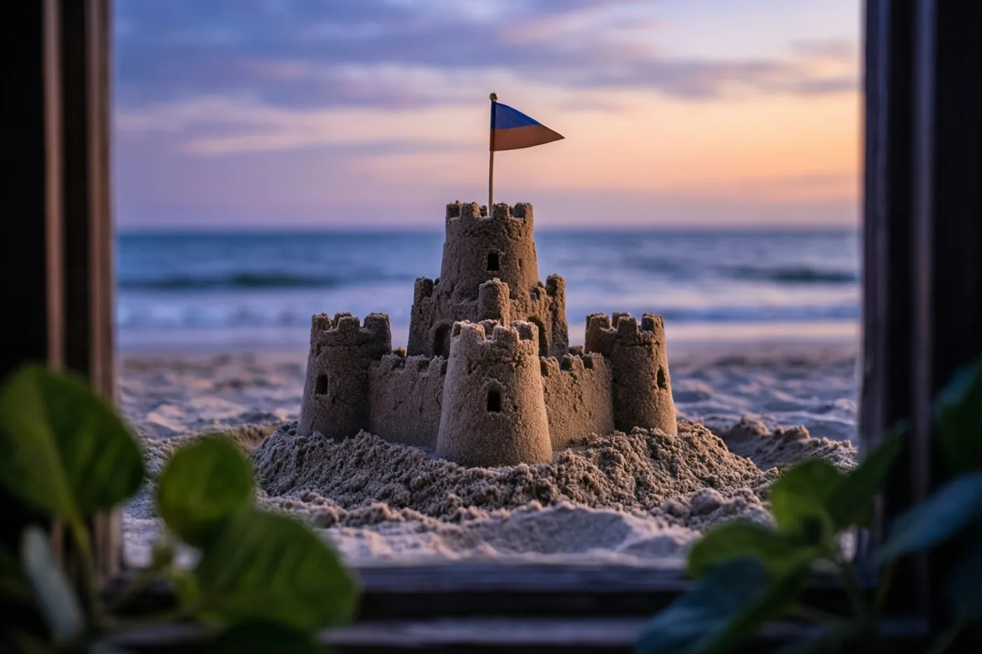 Door een raam met groene bladeren op de voorgrond is een zandkasteel met een vlaggetje te zien op het strand onder een paarsoranje lucht bij zonsondergang.