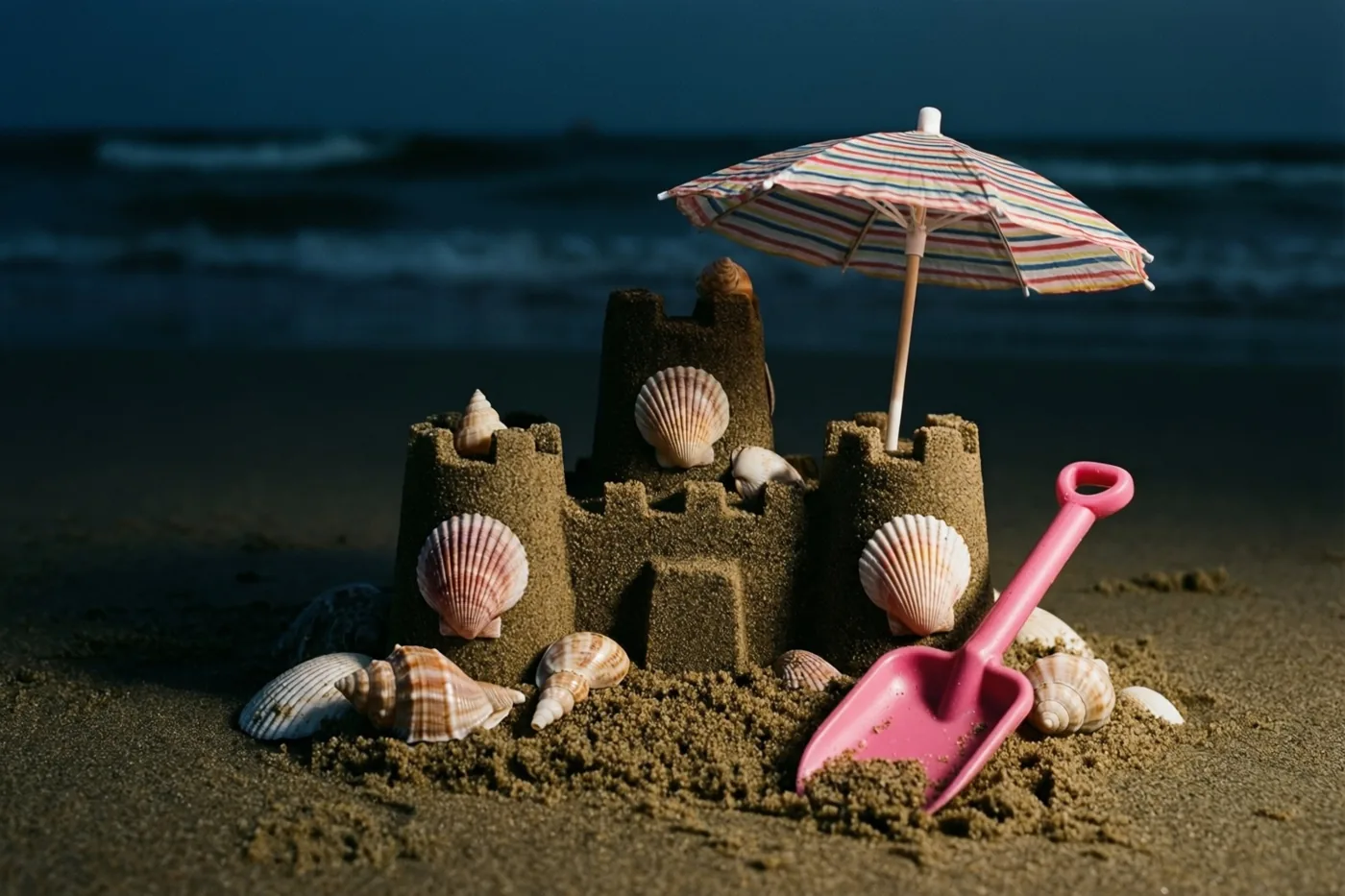 Een klein zandkasteel met schelpen staat onder een gestreepte parasol naast een roze plastic schepje, met warm verlicht zand voor een donkere zee en een schemerhemel.