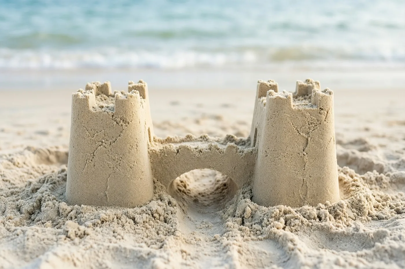 Twee zandkastelen met kantelen zijn op het strand verbonden door een brug van zand, met blauwgroene zee op de achtergrond.