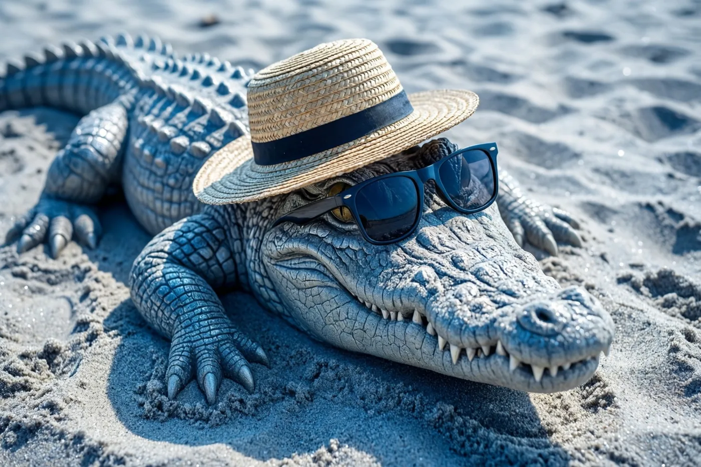 Een zandsculptuur van een krokodil met een strohoed en zonnebril ligt op een zonnig zandstrand, met koele blauwe en grijze tinten in het beeld.