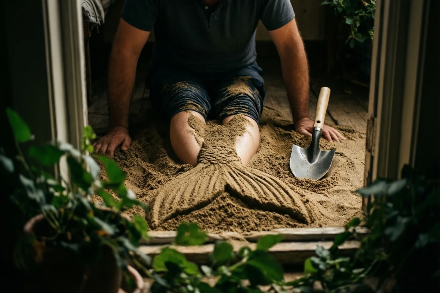 Door een raamkader zijn de benen van een man te zien onder zand in de vorm van een zeemeerminnenstaart, met een schopje ernaast en groene planten op de voorgrond in een binnenruimte.