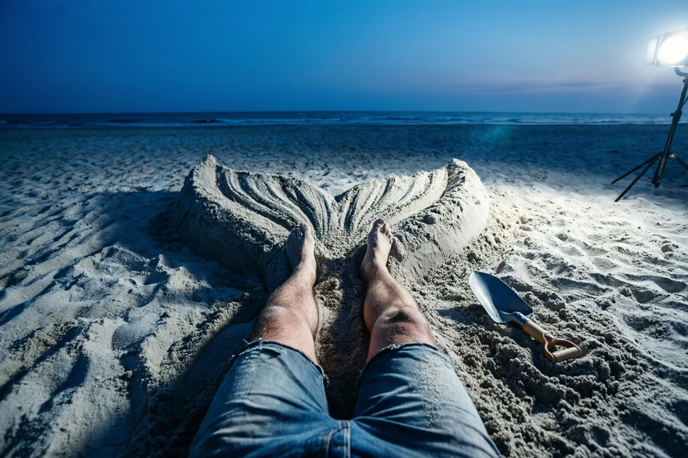 Iemands benen liggen op een strand in de schemering onder zand in de vorm van een zeemeerminnenstaart, verlicht door een felle spot met een schopje ernaast.