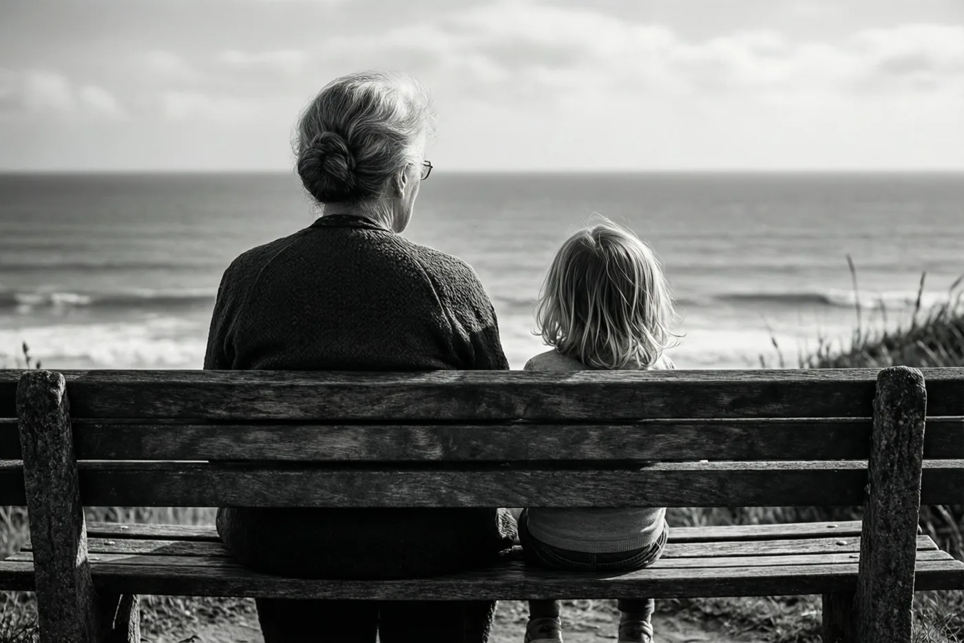 Op een zwart-witfoto zitten een oudere vrouw en een jong kind op een verweerde houten bank met uitzicht op zee.