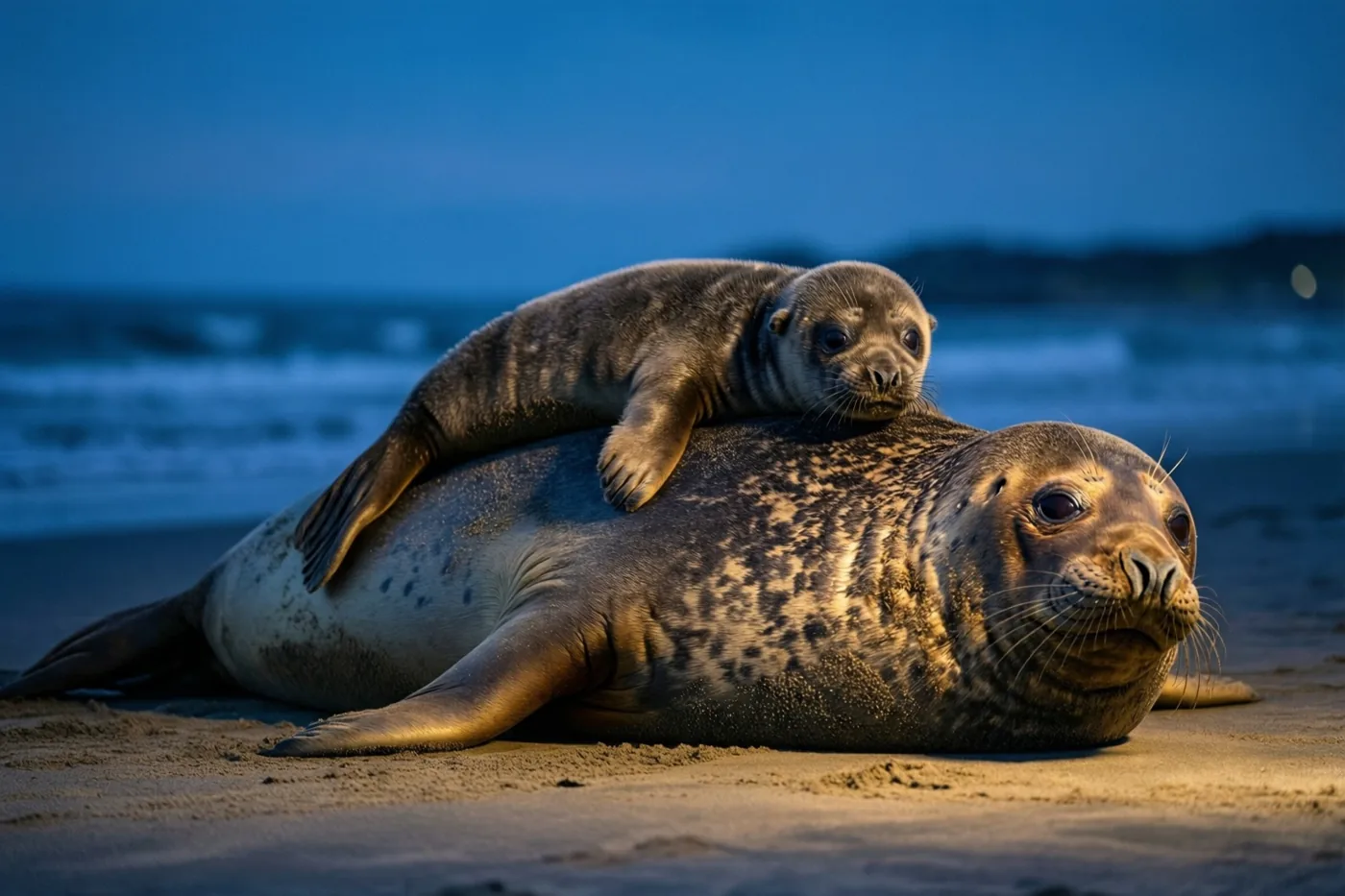 Een zeehondenmoeder ligt met haar jong op haar rug op een zandstrand in goudkleurig licht, allebei naar de kijker gericht, met een blauwe schemerlucht en zee erachter.