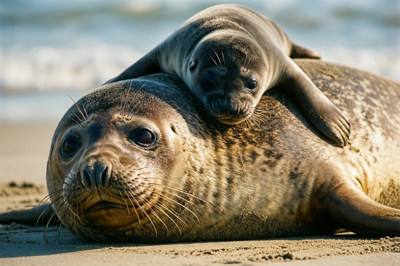 Een zeehondenmoeder ligt op een zonnig zandstrand met haar jong op haar rug, allebei naar de kijker gericht en met een wazige zee achter hen.
