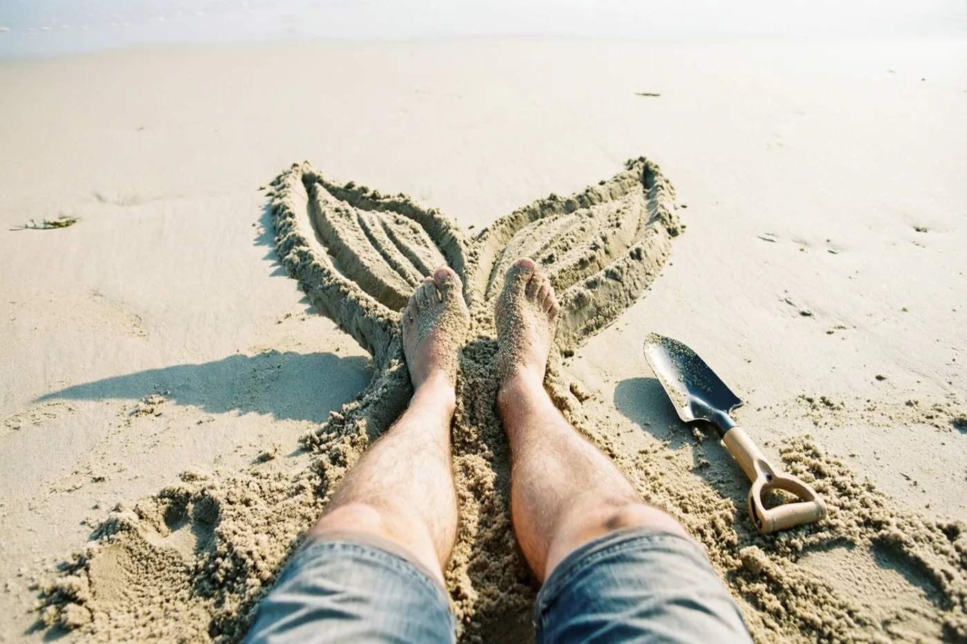 Iemands benen liggen op een zonnig strand begraven onder zand in de vorm van een zeemeerminnenstaart, met een klein schopje ernaast.