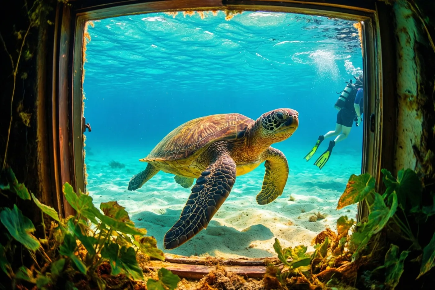 Door een verroest raamkozijn met zeewier is een zeeschildpad te zien boven een zanderige zeebodem in helder turquoise water, met een snorkelaar op de achtergrond.