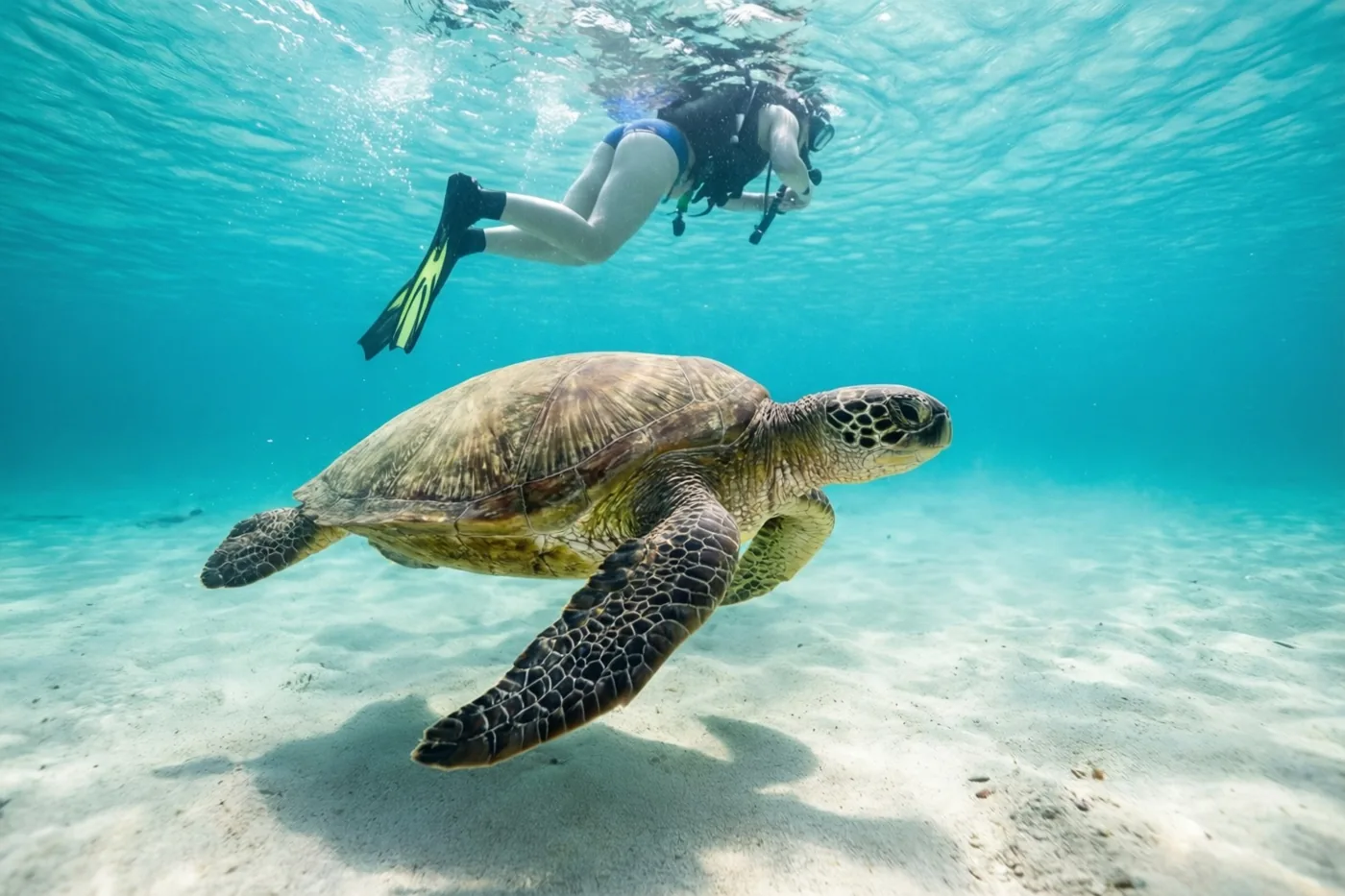 Een zeeschildpad zwemt boven een zanderige zeebodem in helder turquoise water, met een snorkelaar erboven en diens zwemvliezen net onder het oppervlak.