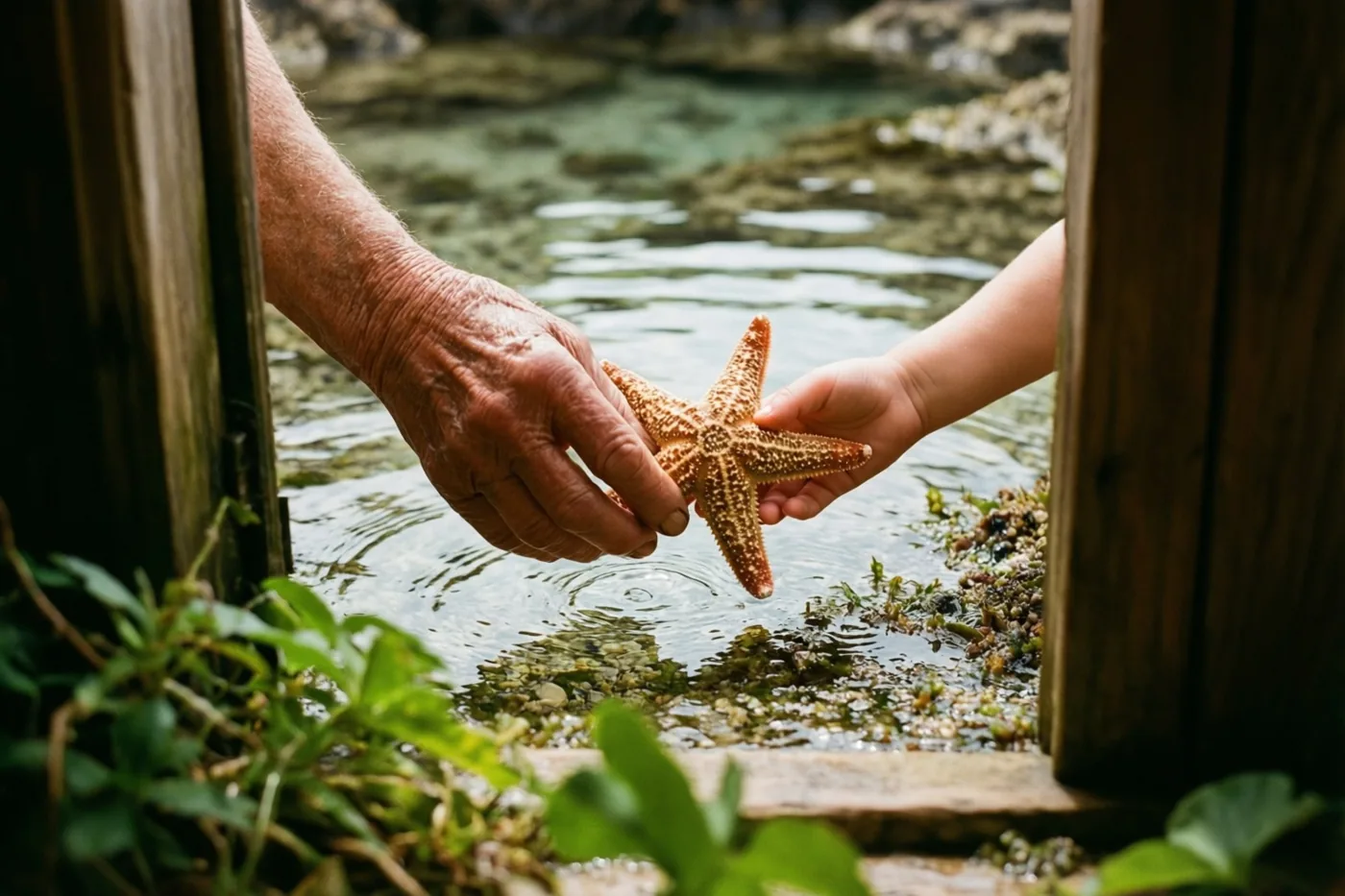 Een oudere hand en een kinderhand houden samen een zeester vast aan een getijdenpoel, tussen houten palen met groen op de voorgrond en helder water erachter.