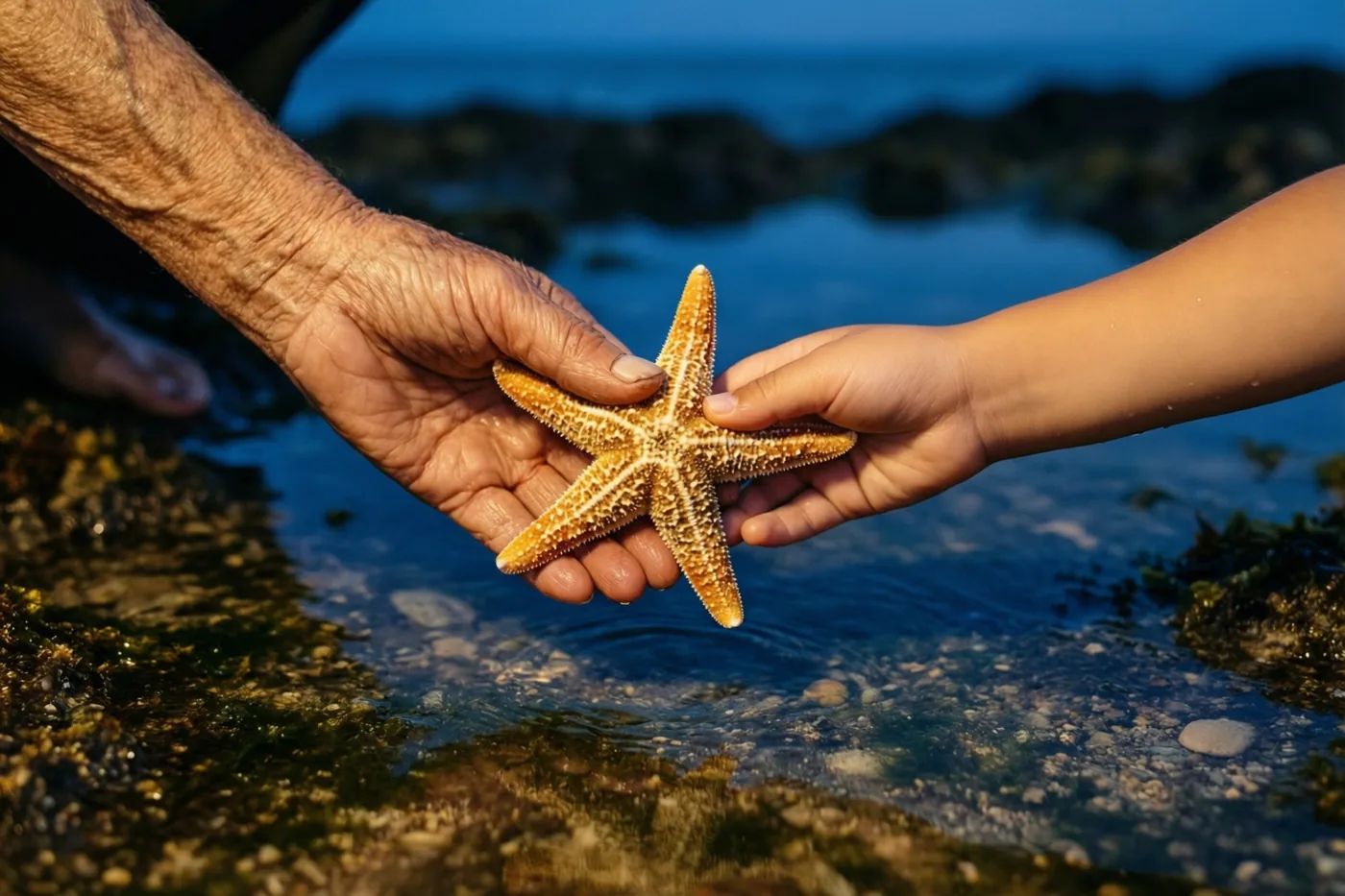 Een gerimpelde oudere hand en een kleine kinderhand houden samen een zeester vast aan een getijdenpoel, in goudkleurig licht tegen een koele blauwe achtergrond.