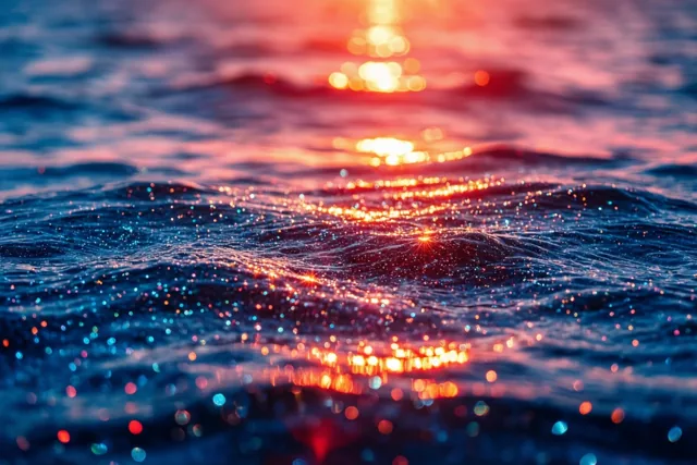 Blauw zeewater schittert in het zonlicht, met warme oranje en rode tinten tussen het blauw.