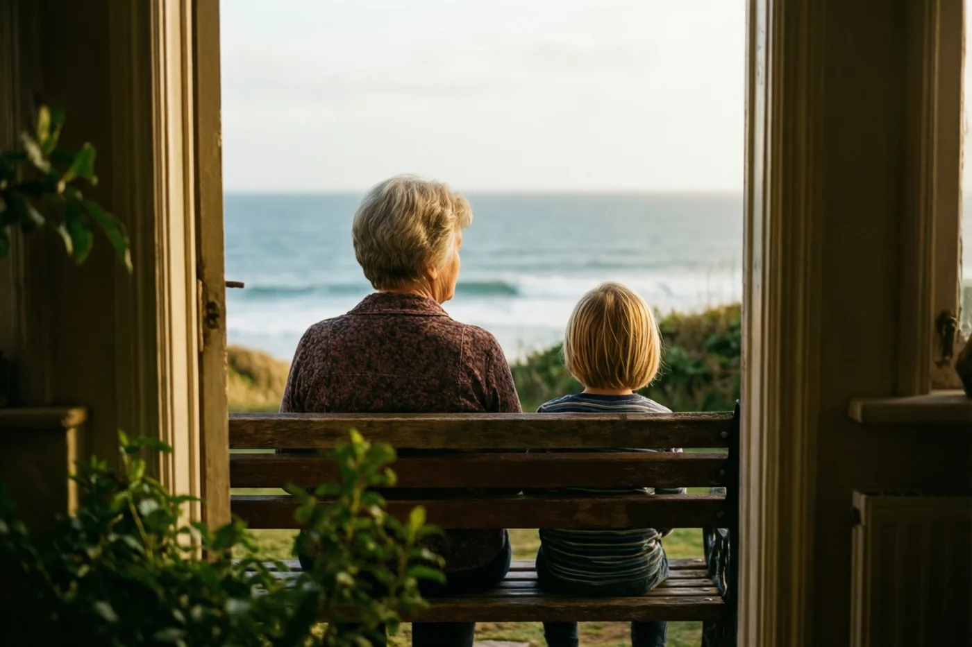 Door een open deur zie je een oudere vrouw en een jong kind op een houten bank naar zee kijken, met groen op de voorgrond.