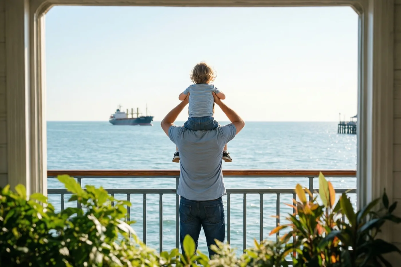 Een vader tilt een klein kind op zijn schouders op een balkon met zeezicht, terwijl ze naar een schip in de verte kijken onder een witte boog met groen op de voorgrond.
