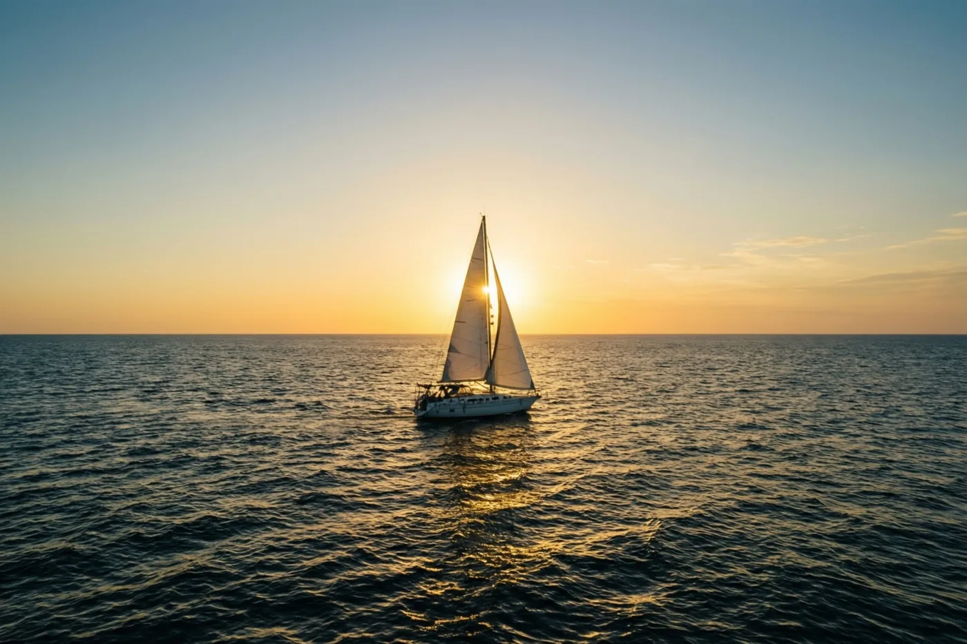 Een enkele zeilboot vaart op zee aan de horizon bij zonsondergang, in blauwe, oranje en gouden tinten.