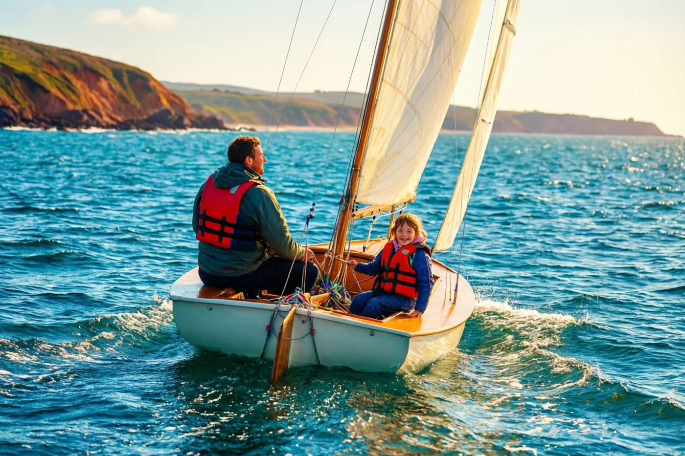 Een man en een jong meisje in reddingsvesten zeilen met een kleine zeilboot op blauw water bij een klif in warm zonlicht.