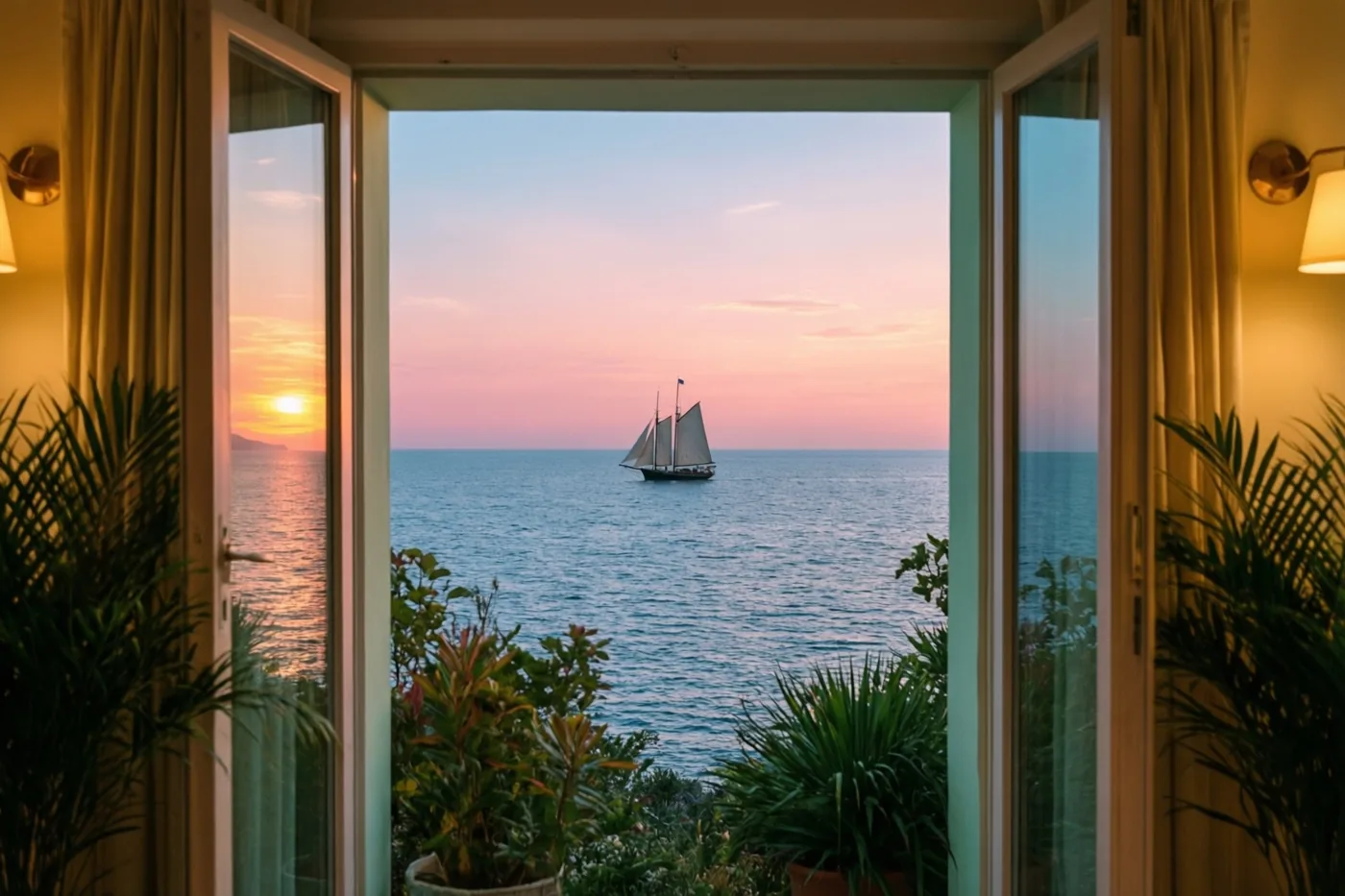Vanuit een warm verlichte kamer met planten zie je door open glazen deuren een zeilboot aan de horizon bij zonsondergang boven zee.