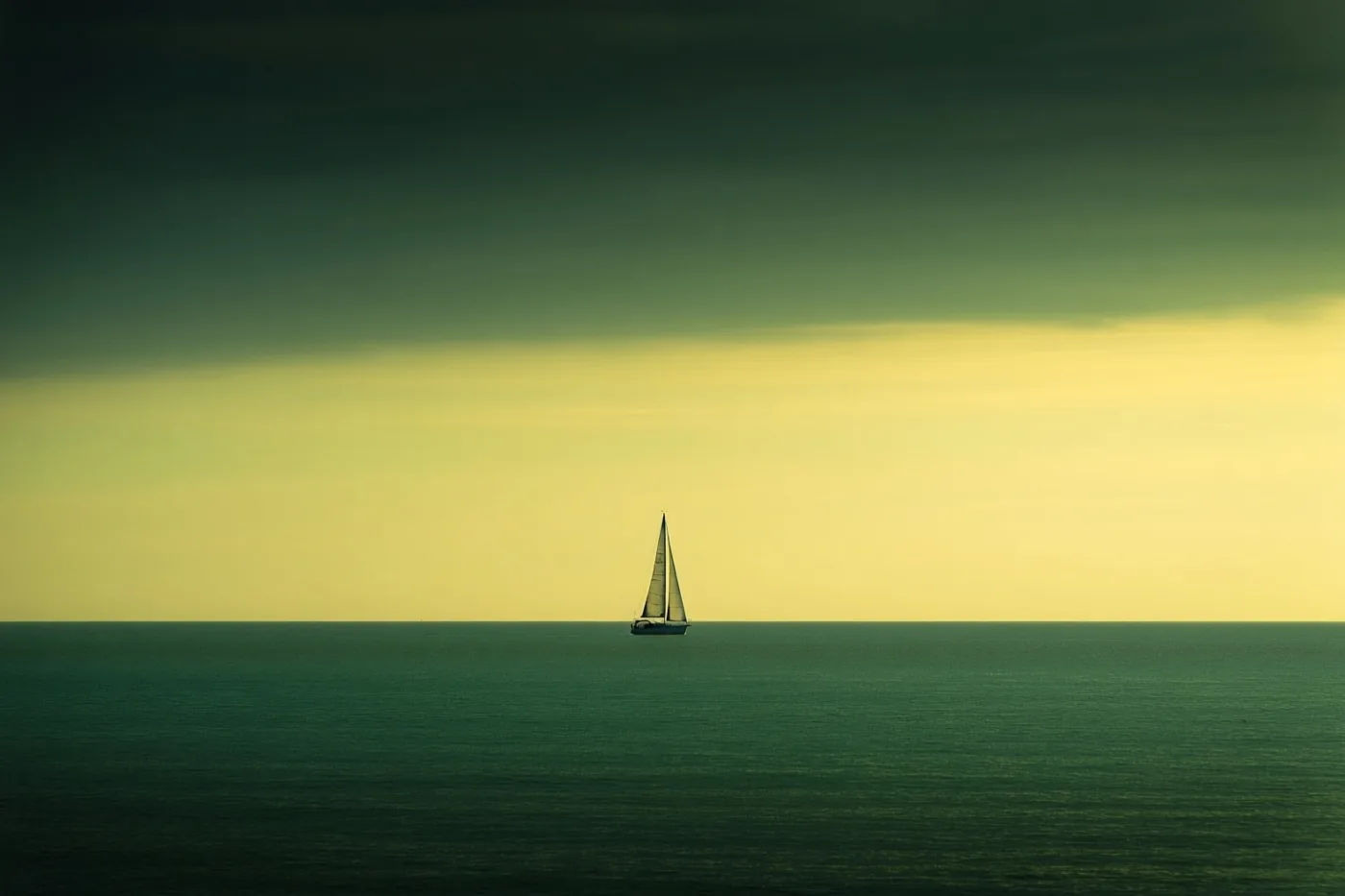 Een eenzame zeilboot is zichtbaar aan de horizon van een kalme zee onder een hemel met kleurverloop, in groene en gele tinten.