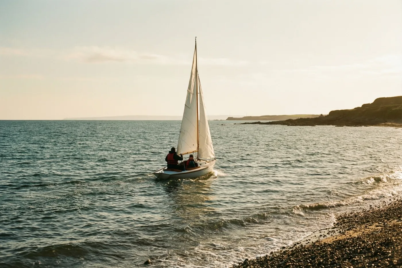 Een kleine zeilboot met twee mensen in reddingsvesten vaart op rustig kustwater bij een kiezelstrand in goudkleurig licht.