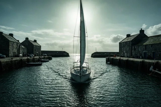Een zeilboot vaart een stenen haven uit langs traditionele huizen aan de kaai onder een heldere, deels bewolkte hemel.