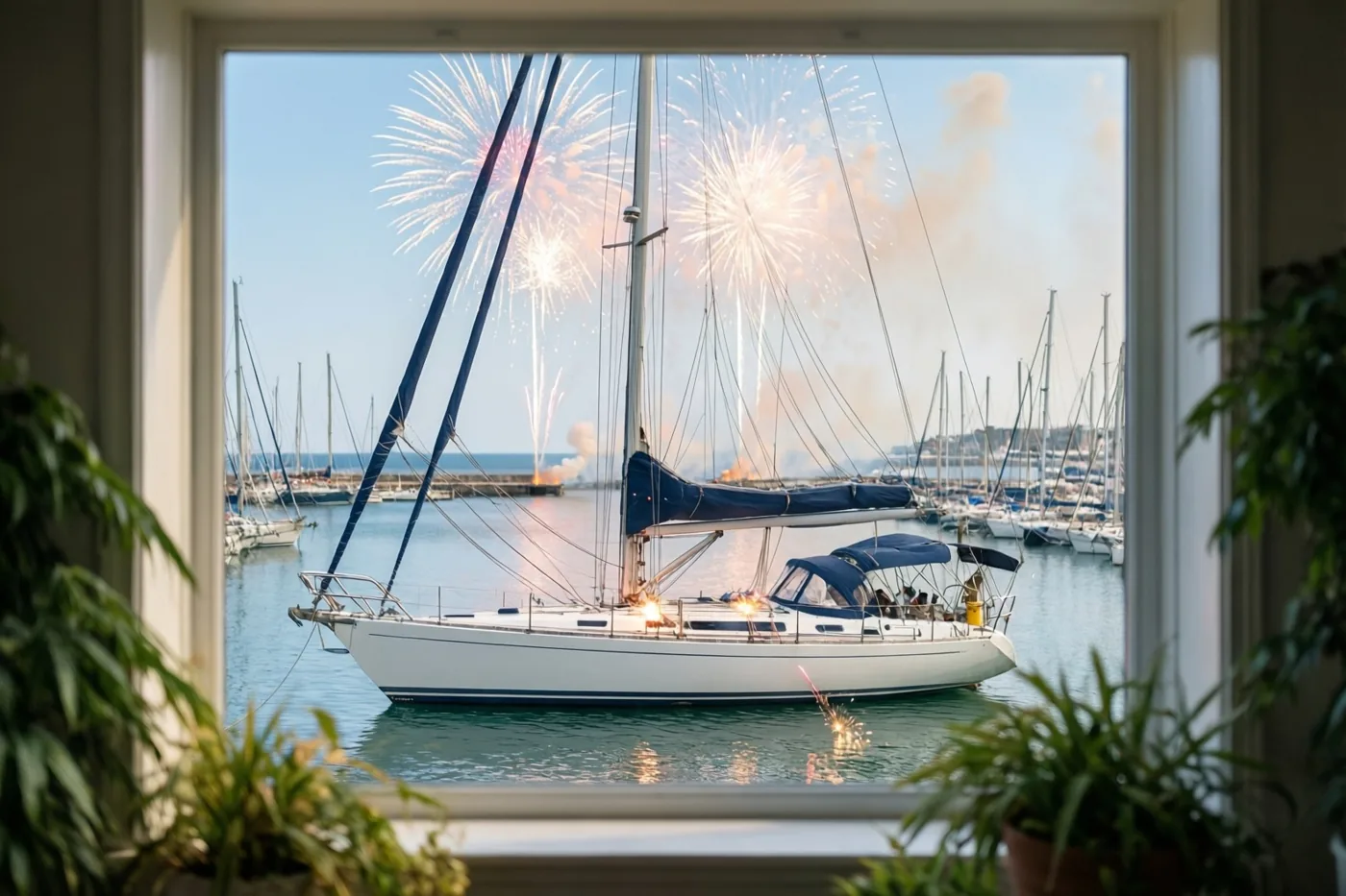 Door een raam met potplanten aan weerszijden is een aangemeerde witte zeilboot met blauwe zeilen te zien, met sterretjes op het dek en vuurwerk dat weerspiegelt op het water.