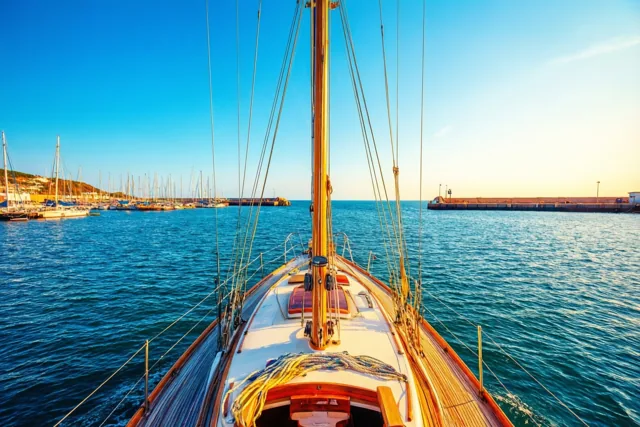 Vanaf de boeg van een zeilboot is te zien hoe die een haven uitvaart naar open zee, met gouden zonlicht op het houten dek en de tuigage onder een blauwe hemel.