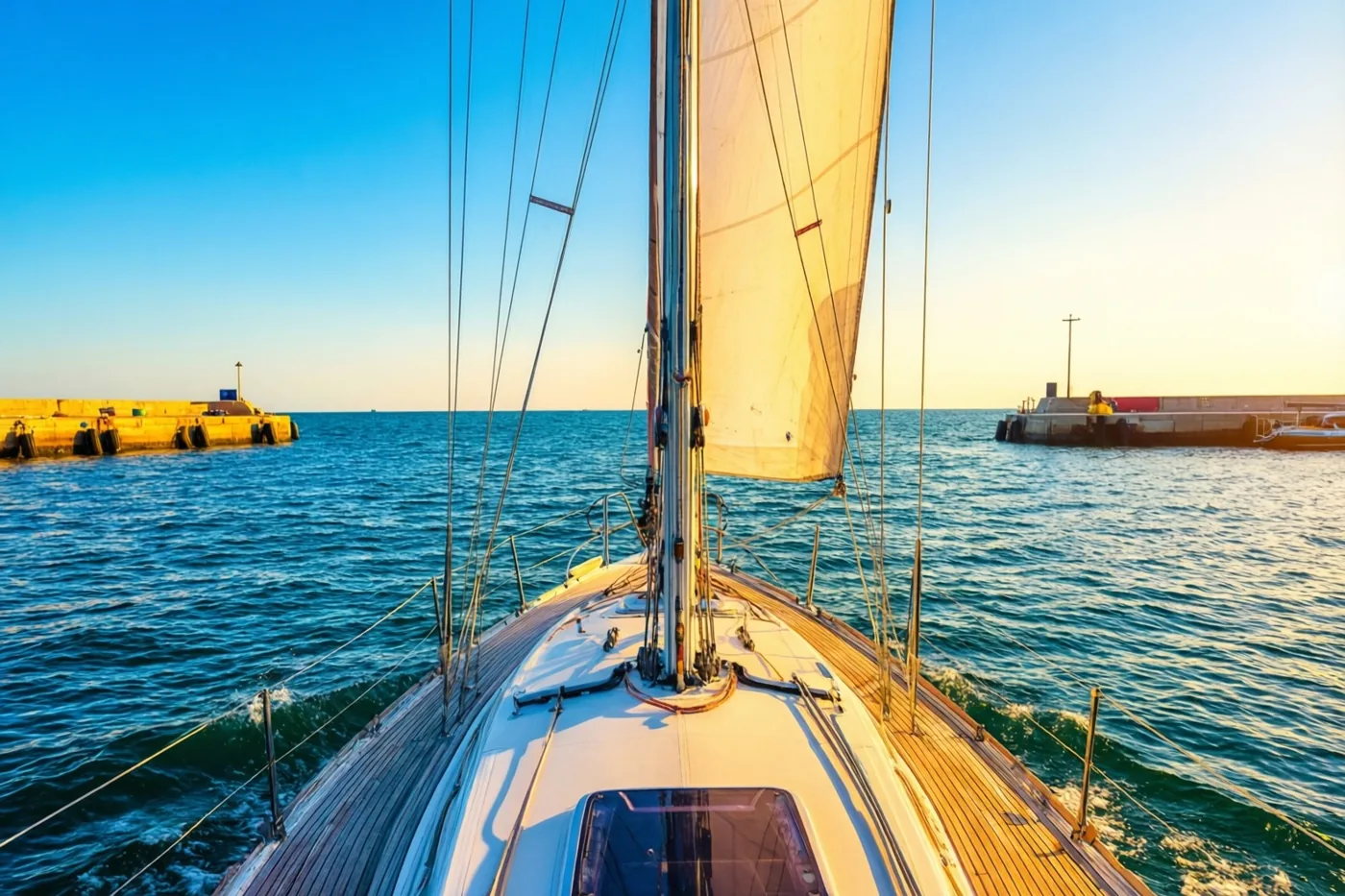 Een zeilboot met een wit zeil vaart tussen stenen golfbrekers de haven uit en laat een kielzog achter op het blauwe water in gouden zonlicht.