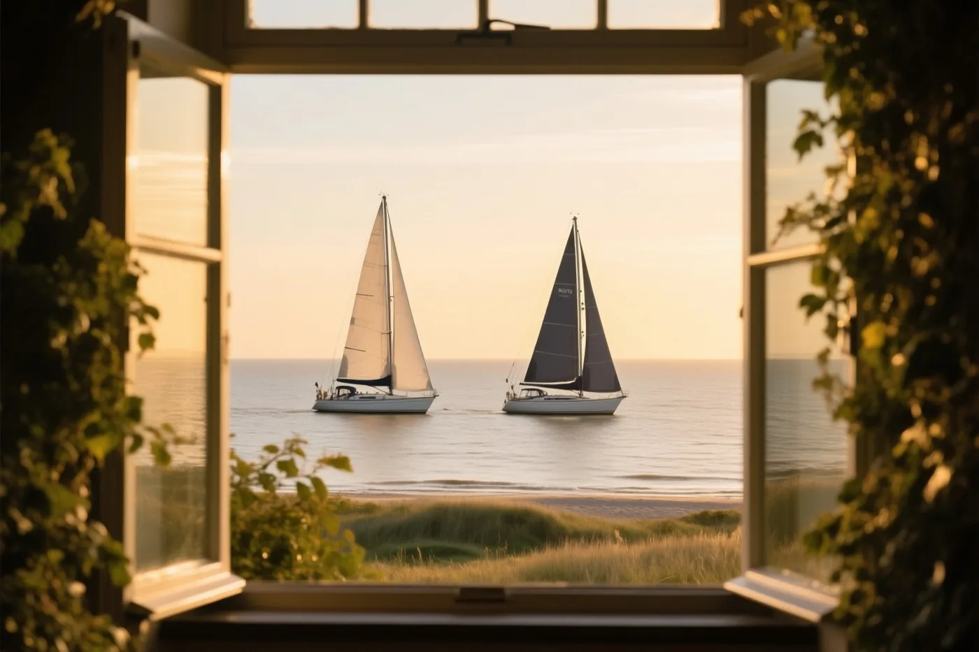 Door een open raam zijn twee zeilboten te zien die naast elkaar over rustig water varen in warm goudkleurig licht.