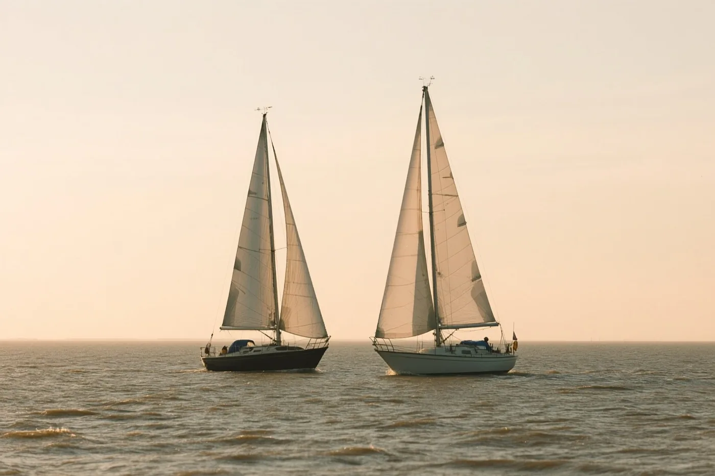 Twee zeilboten varen naast elkaar op een kalme zee onder een nevelige, goudkleurige hemel in zachte beige, witte en blauwgrijze tinten.