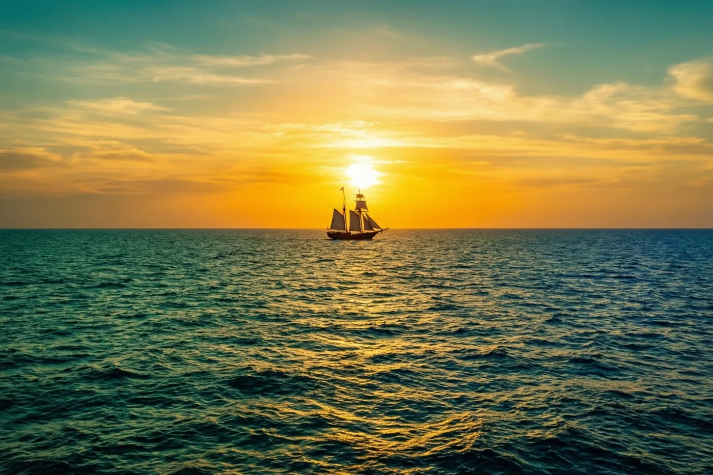 Het silhouet van een zeilschip tekent zich af tegen een oranjegele zonsondergang boven diepblauw en blauwgroen zeewater.