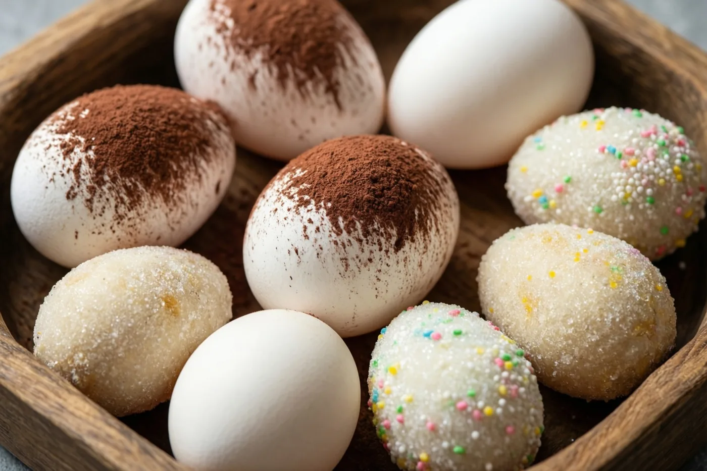 Zelfgemaakte marsepeinen eieren met cacaopoeder en gekleurde suikerstrooisels liggen op een houten dienblad tegen een neutrale achtergrond in zacht daglicht.