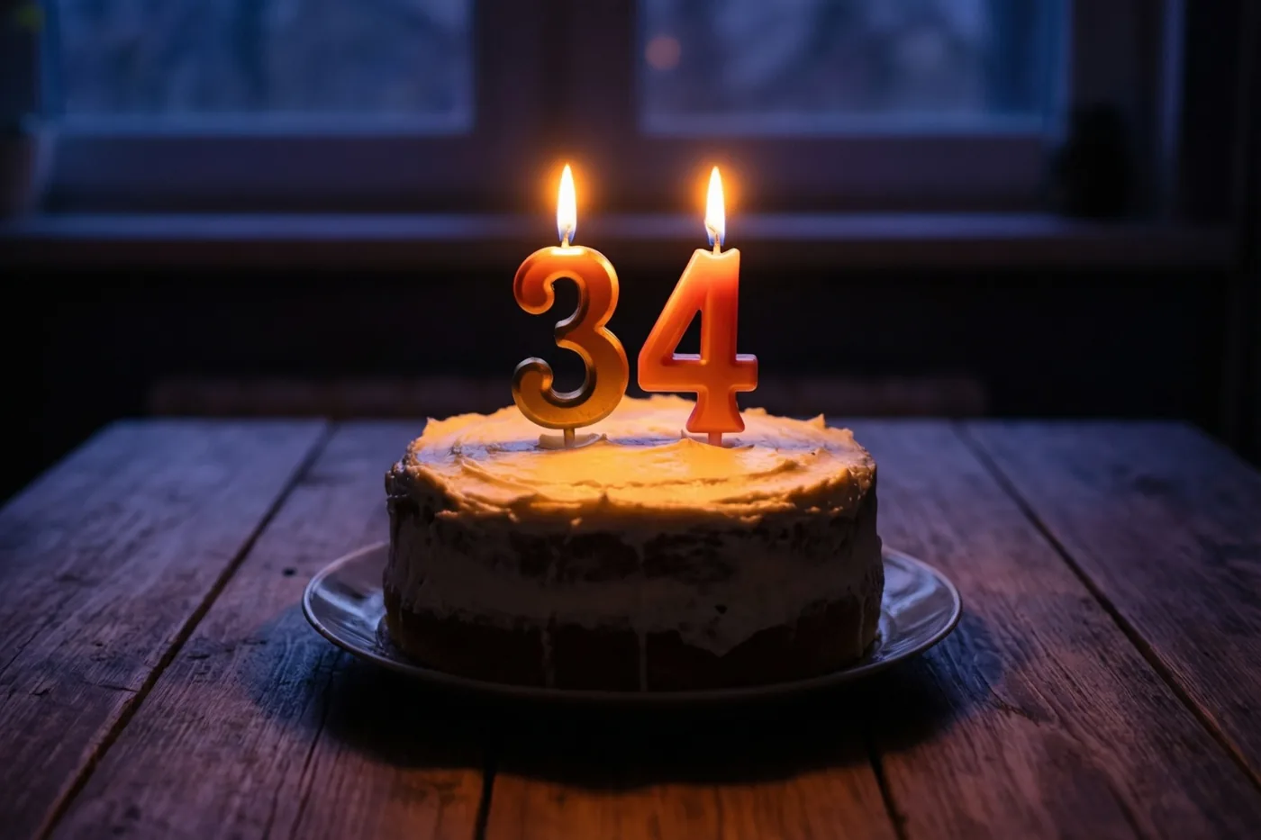 Een zelfgemaakte roomtaart met brandende cijferkaarsen die 34 vormen staat op een houten tafel in warm kaarslicht.