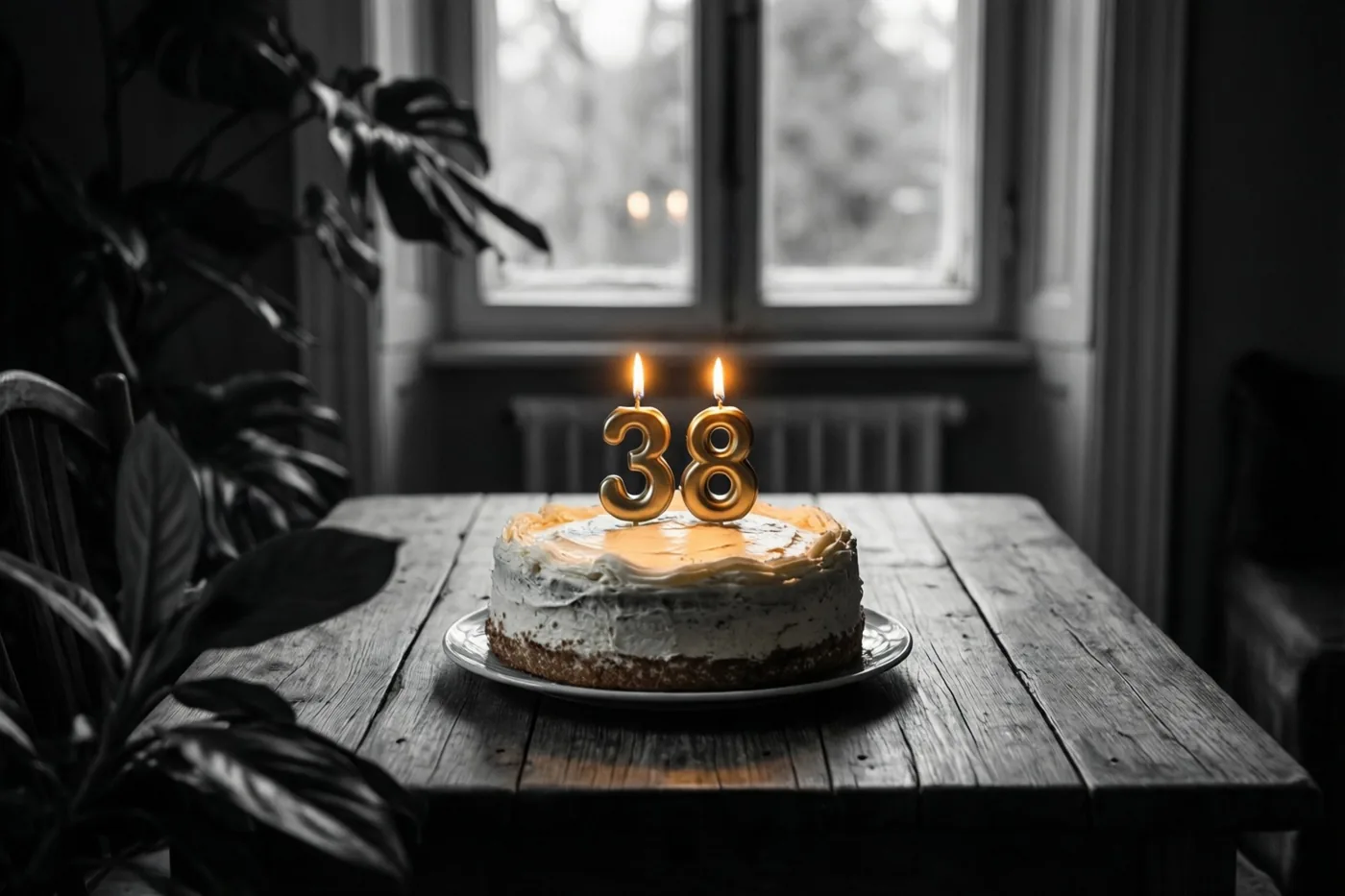 Een zelfgemaakte roomtaart met brandende cijferkaarsjes 38 staat op een rustieke houten tafel in zacht, warm kaarslicht.