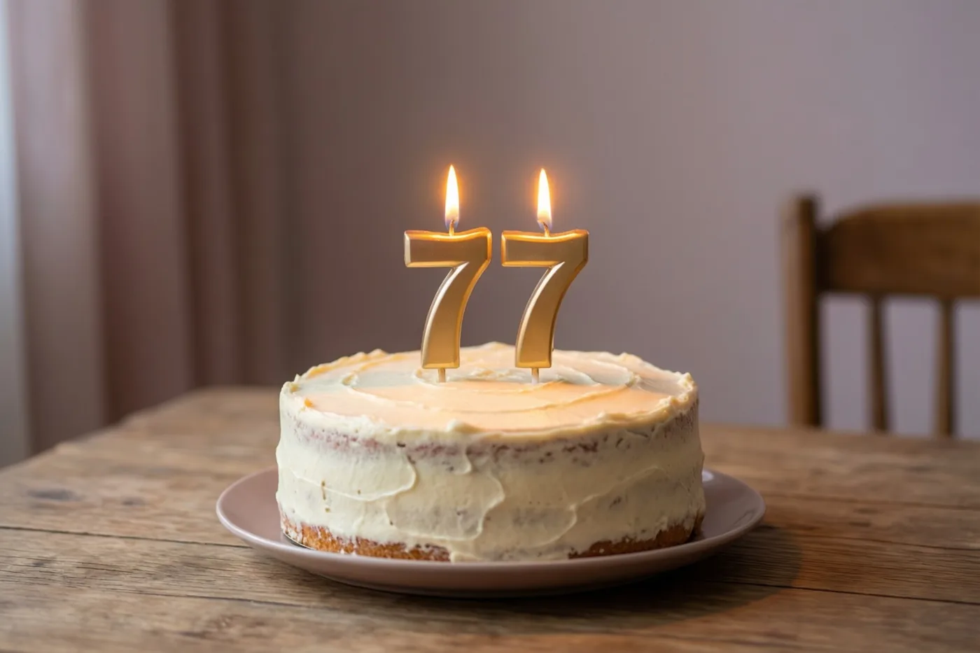 Een zelfgemaakte roomtaart met twee brandende gouden cijferkaarsen die 77 vormen, staat op een houten tafel in warm kaarslicht.