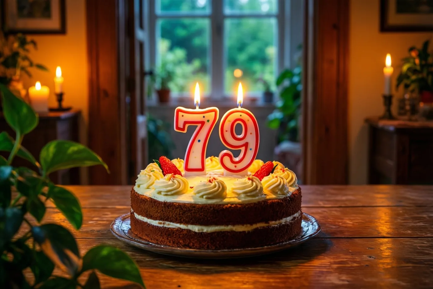 Een zelfgemaakte roomtaart met brandende cijferkaarsen 79 staat op een houten tafel, met groene planten en een raam op de achtergrond.
