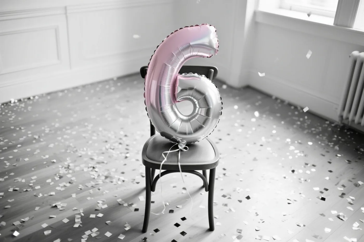 Een grote zilveren en pastelroze ballon in de vorm van het cijfer 6 hangt aan een zwarte stoel in een lichte, sober ingerichte kamer met confetti op de houten vloer.