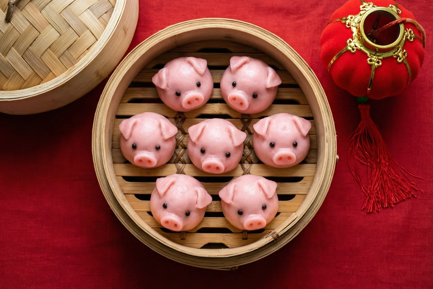 Zes roze dumplings in de vorm van biggetjes liggen in een bamboe stoommand op een rood tafelkleed, naast een rood lantaarntje met een gouden rand en kwastje.
