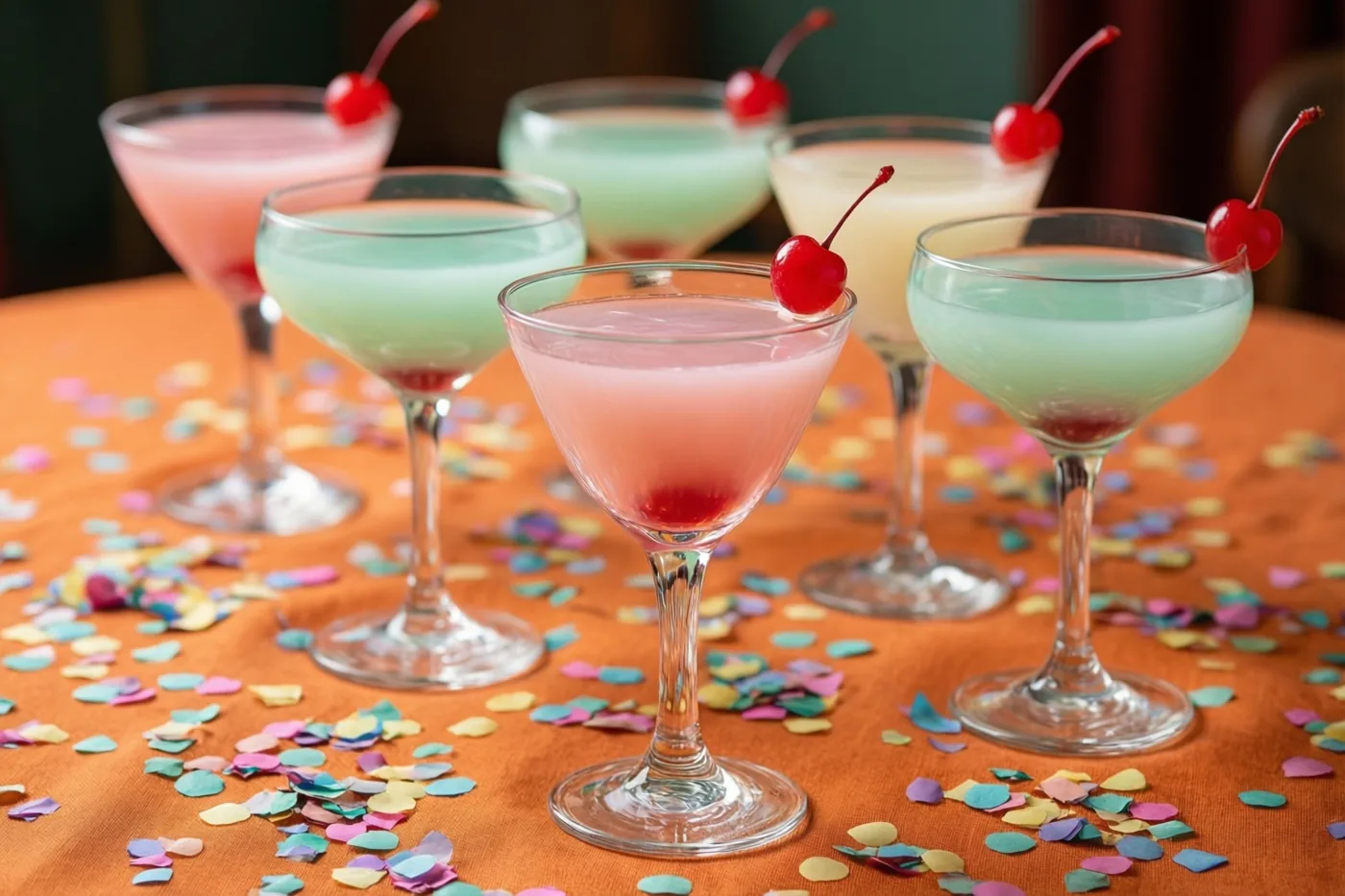 Zes cocktailglazen met roze en lichtgroene drankjes, elk met een kers, staan op een oranje tafelkleed met kleurrijke confetti in jarenzeventigstijl.