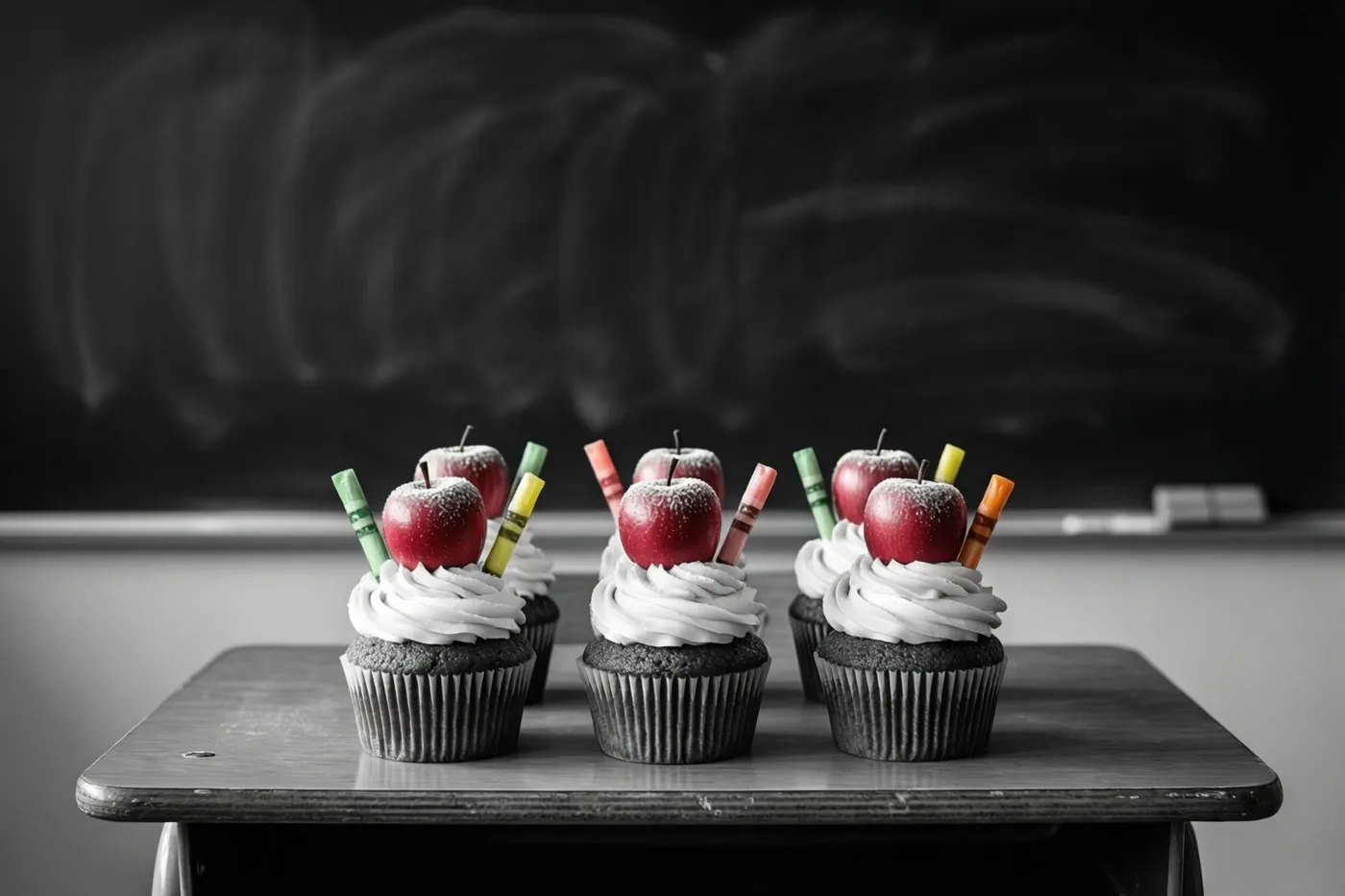 Zes cupcakes met wit glazuur, rode suikerappeltjes en kleurrijke waskrijtjes van suiker staan op een houten schoolbank voor een schoon, donker schoolbord.