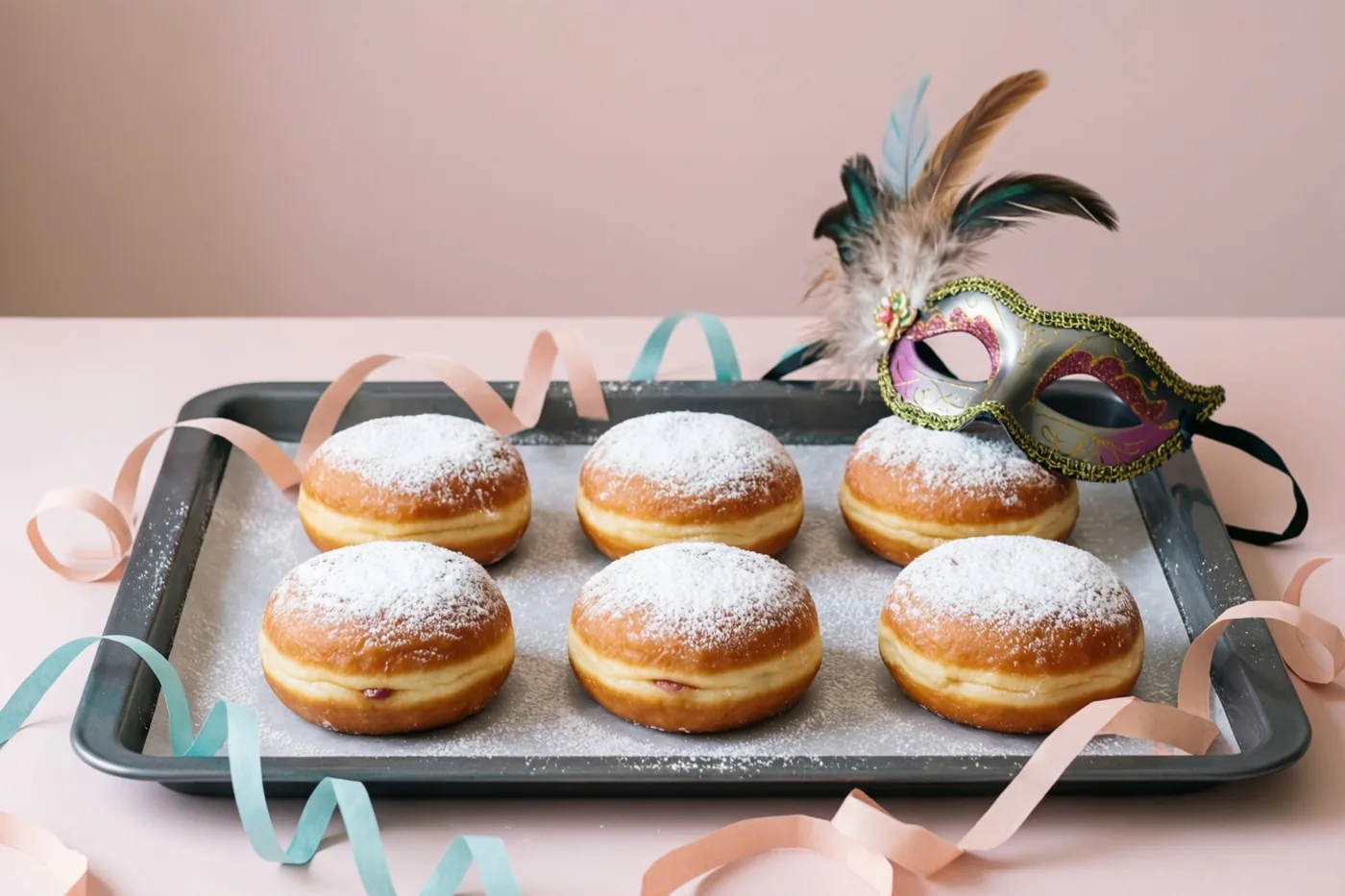 Zes met confituur gevulde donuts met bloemsuiker liggen op een donkere bakplaat tussen pastelkleurige slingers en een verenmasker, tegen een zachtroze achtergrond.