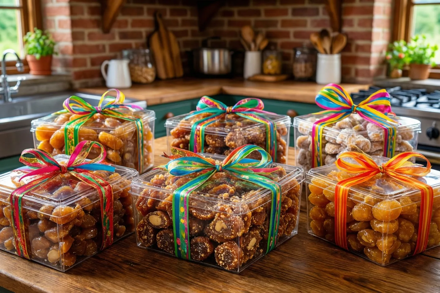 Zes doorzichtige plastic doosjes met pralines en doopsuiker, dichtgebonden met gekleurde linten, staan op een houten tafel in een bakstenen hoevekeuken met daglicht door de ramen.
