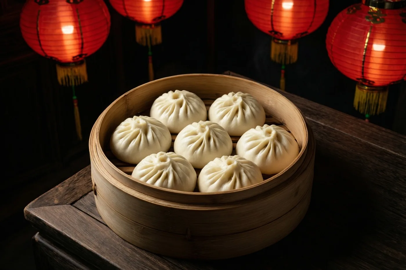 Een bamboe stoommand met zes witte dumplings staat op een donkere houten tafel, verlicht door rode papieren lantaarns op de achtergrond.