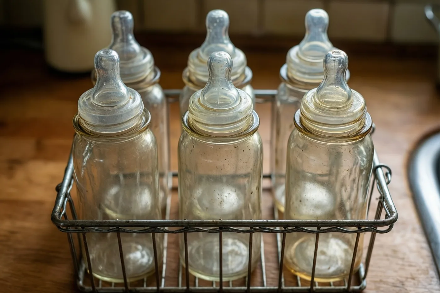 Zes oude glazen babyflessen met doorzichtige spenen staan in een metalen draadrek op een houten keukenaanrecht, in warme tinten.
