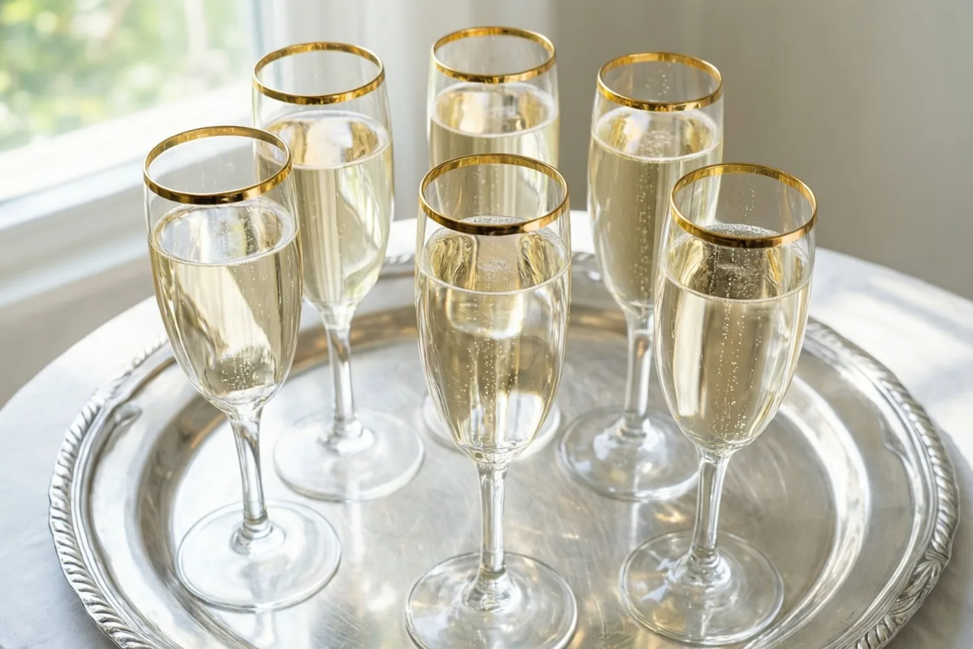 Zes champagneglazen met gouden rand staan op een versierd zilveren dienblad bij een raam in natuurlijk licht.