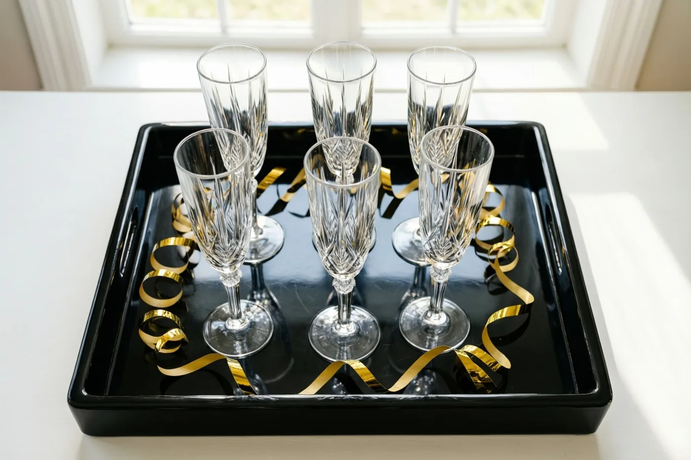 Zes kristallen champagneglazen staan met gouden slingers op een zwartgelakt dienblad op een witte tafel bij een raam.