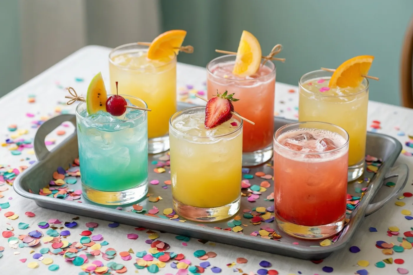 Een metalen dienblad draagt zes cocktails met fruitgarnering in blauwe, gele, oranje en roze tinten op een tafel met veelkleurige confetti.