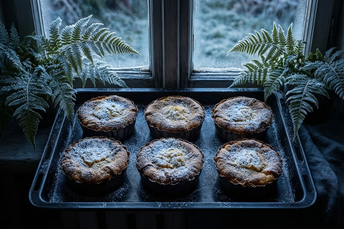 Zes versgebakken koffiekoeken met bloemsuiker liggen op een zwarte bakplaat op een vensterbank, met berijpte varens rond het raam.