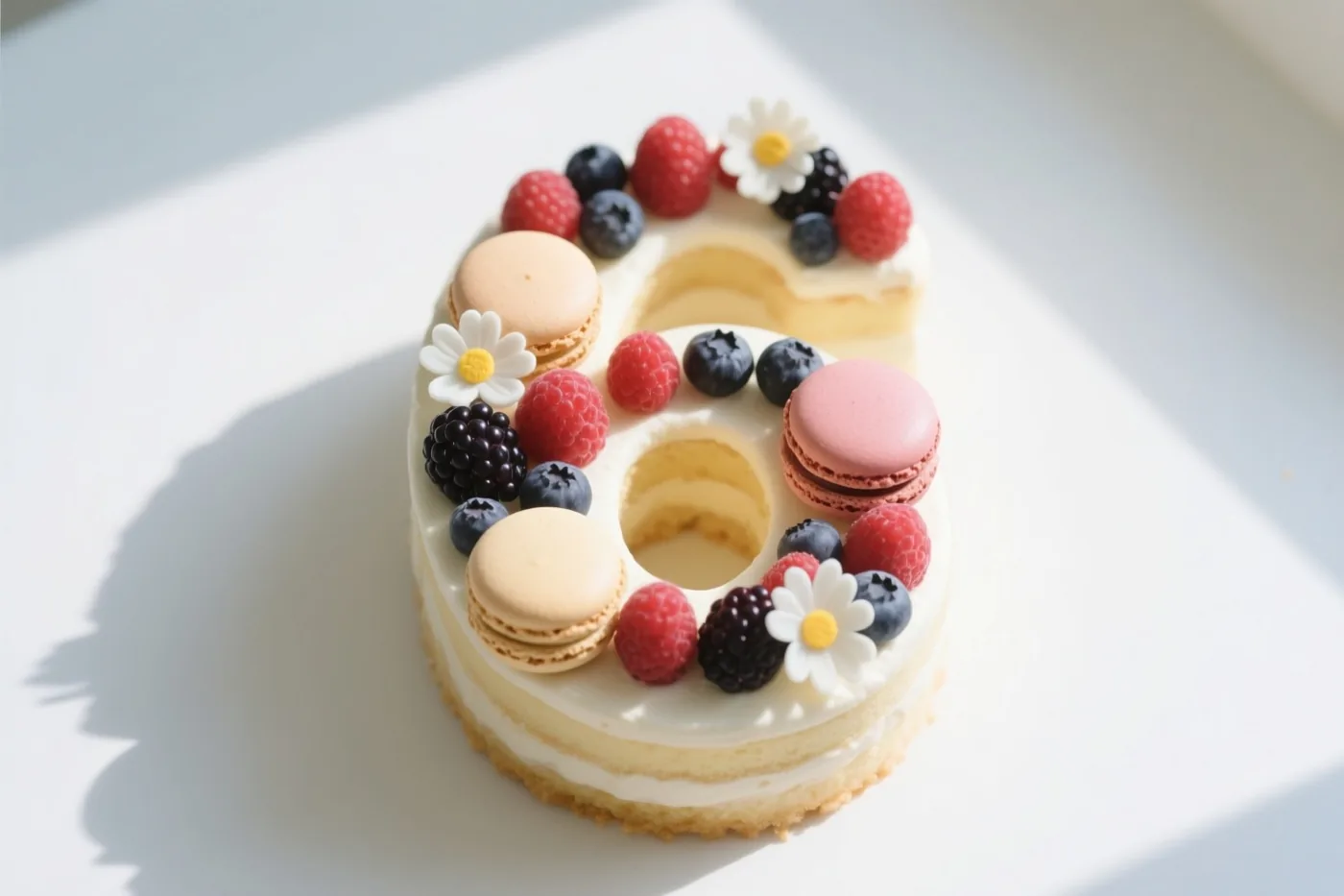 Een taart in de vorm van het cijfer 6 met frambozen, blauwe bessen, bramen, macarons en witte eetbare bloemen staat op een wit oppervlak met zonlicht en schaduwen.