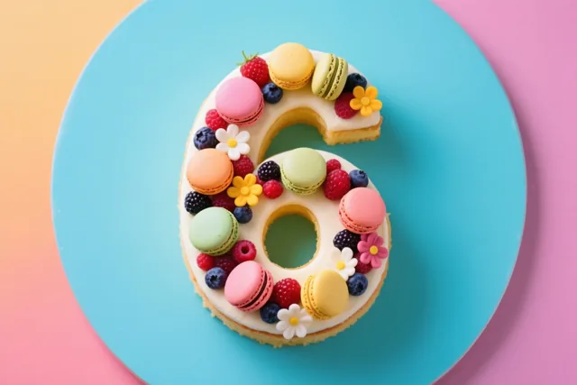 Een taart in de vorm van het cijfer 6 ligt op een blauw bord en is versierd met kleurrijke macarons, bessen en eetbare bloemen tegen een achtergrond in pastelkleuren.