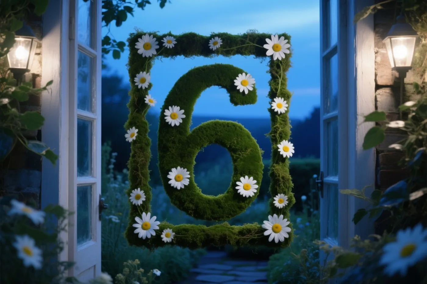 Door een open deuropening zie je een grote 6 van groen mos in een bemoste lijst met witte madeliefjes, tegen een schemerige tuin met warm lantaarnlicht.